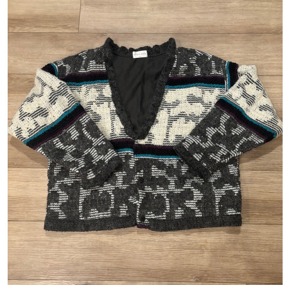 Allen Wah Vintage Lambswool Blend Lined Cardigan Sweater Grey Abstract XL USA